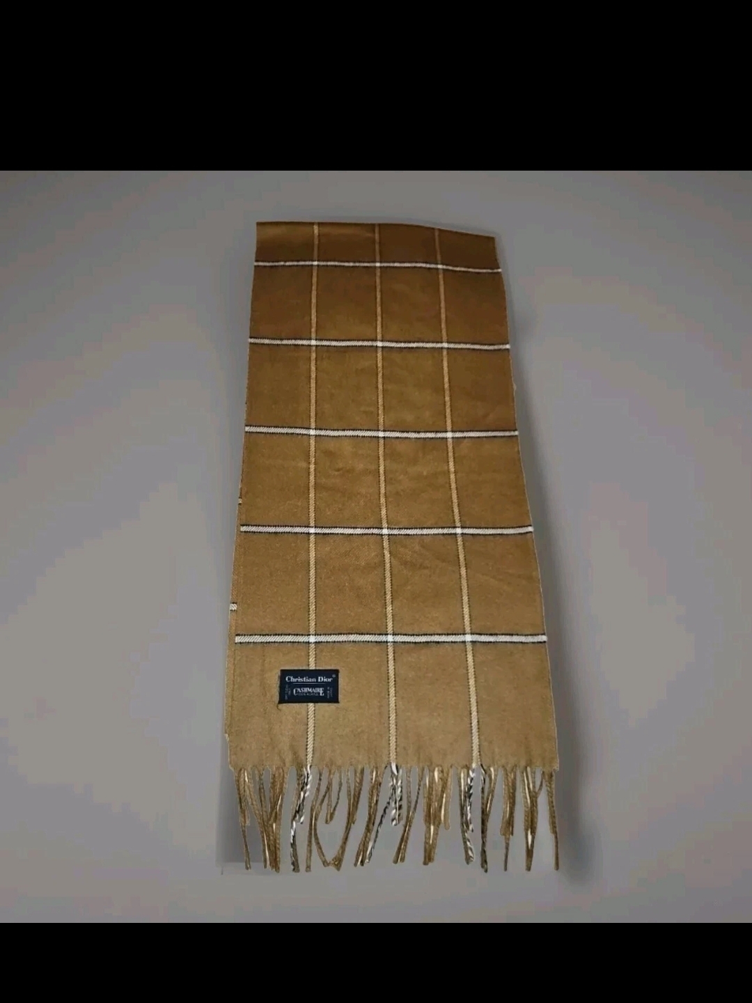 Vintage Christian Dior Scarf Made In Japan 100% Merino Wool Beige & Brown Plaid